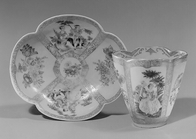 Cup and saucer (one of a pair), Hard-paste porcelain, Chinese, for European market