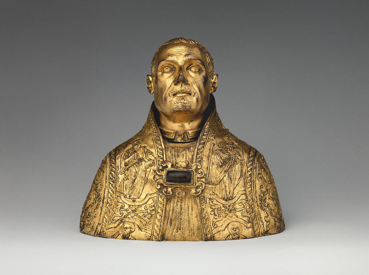 Reliquary bust of a bishop-saint, Bronze, fire-gilt; glass, Italian, possibly Rome 