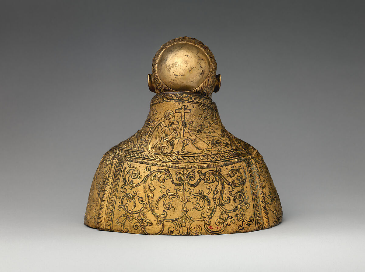 Reliquary bust of a bishop-saint, Bronze, fire-gilt; glass, Italian, possibly Rome