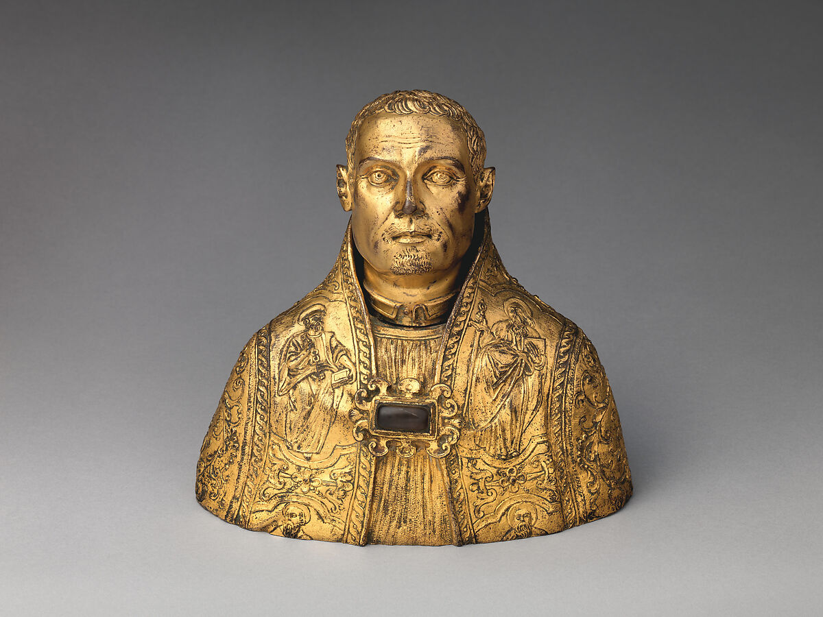 Reliquary bust of a bishop-saint, Bronze, fire-gilt; glass, Italian, possibly Rome