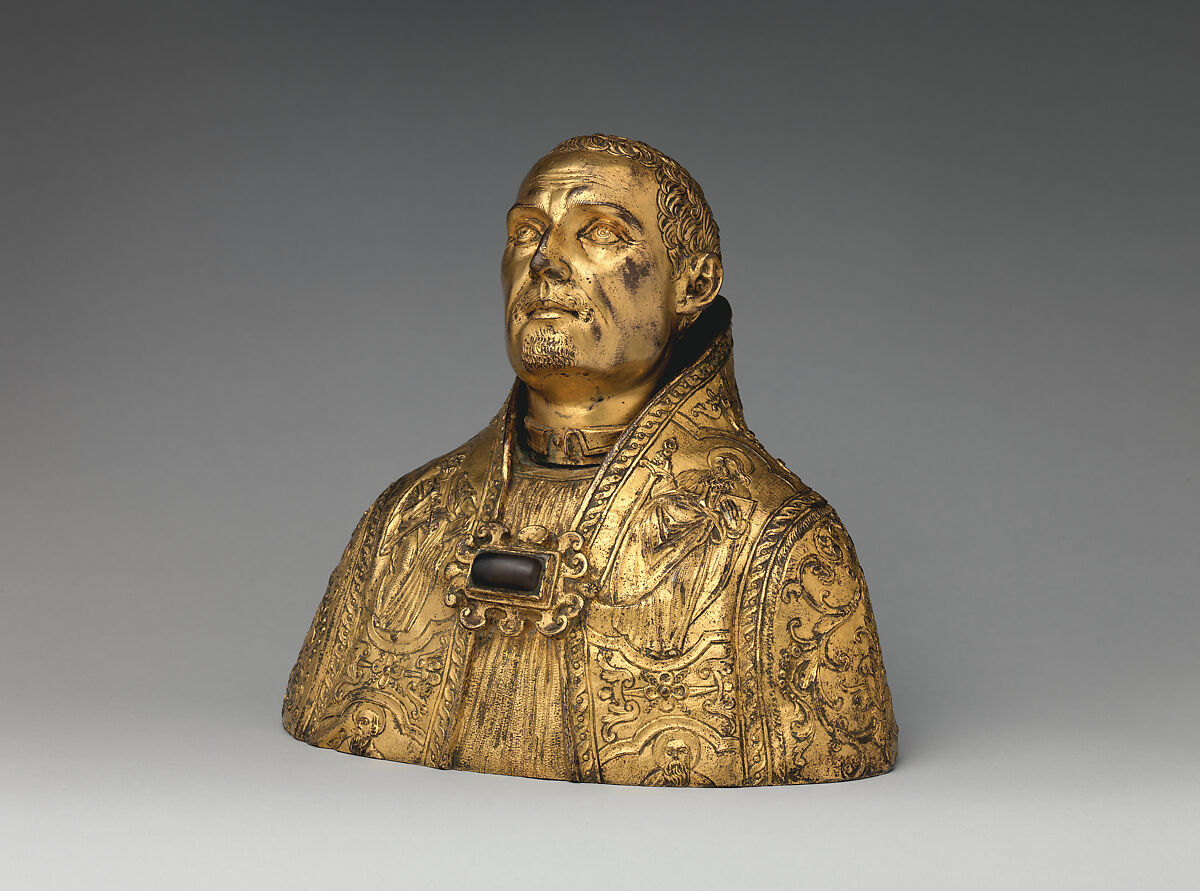 Reliquary bust of a bishop-saint, Bronze, fire-gilt; glass, Italian, possibly Rome