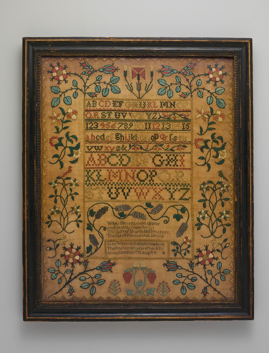 Embroidered sampler, Jane Wilson (1778–1869), silk on linen, American 