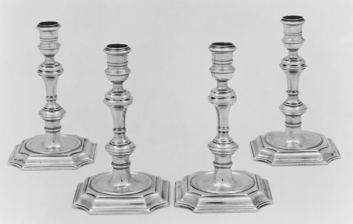 Set of four candlesticks, Paul de Lamerie (British, 1688–1751, active 1712–51), Silver, British, London 