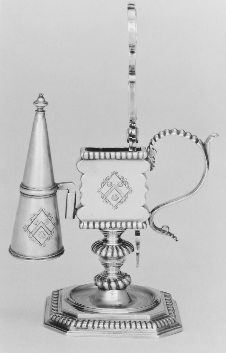 Snuffers, extinguisher and stand, B. or J. B., London (ca. 1656–1695), Silver gilt, British, London 