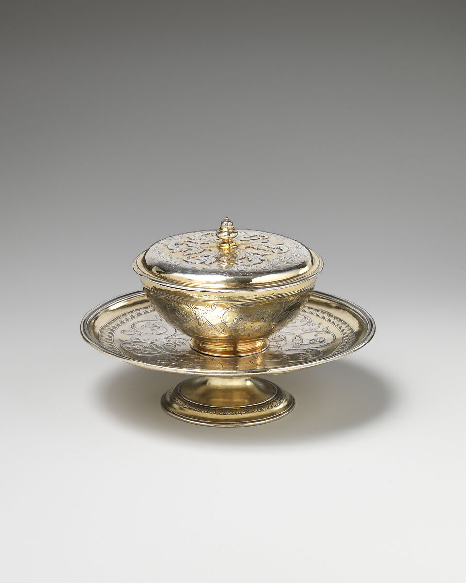 Bowl with cover and stand, F.S.S. (British, probably London, ca. 1680–90), Silver, silver gilt, British 