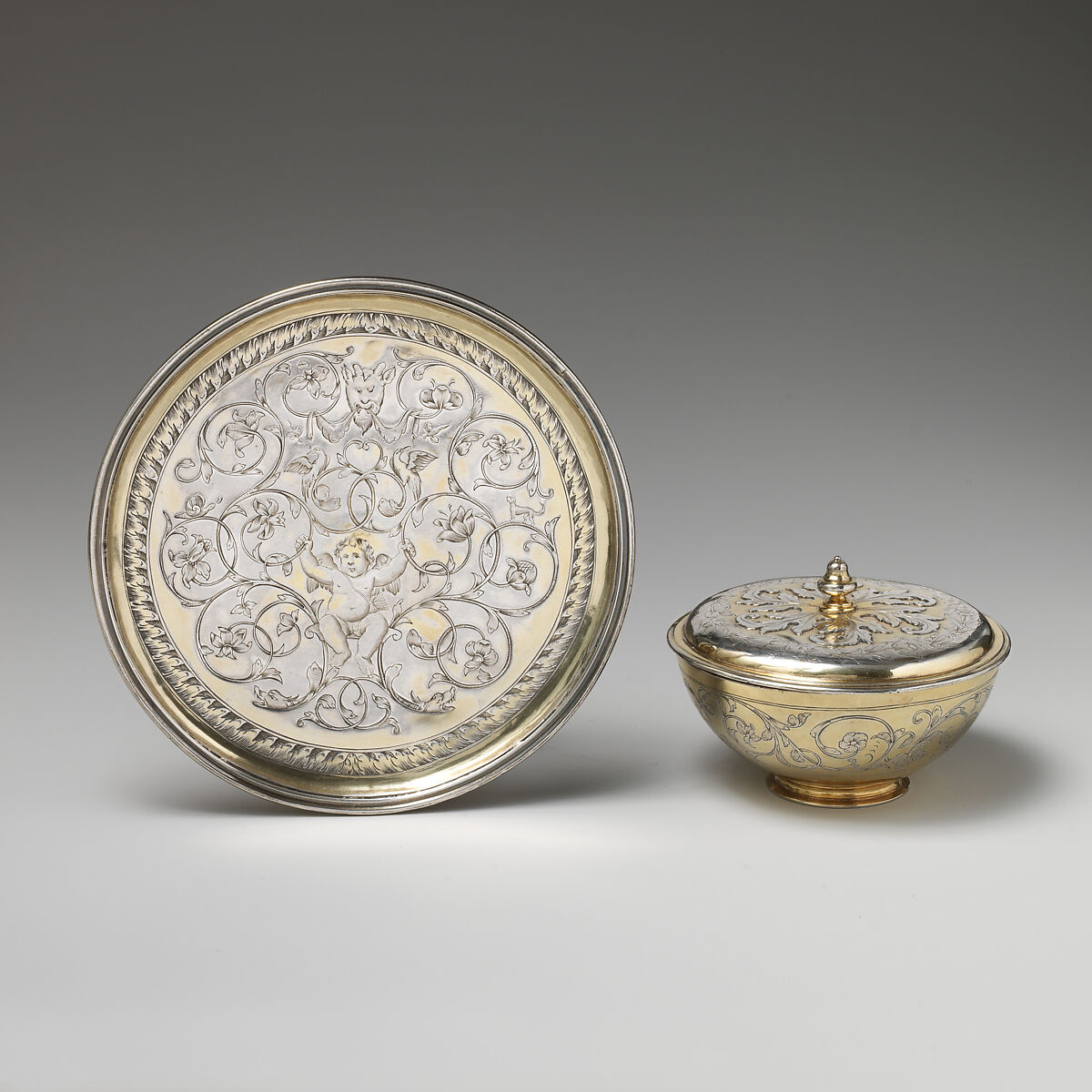 Bowl with cover and stand, F.S.S. (British, probably London, ca. 1680–90), Silver, silver gilt, British