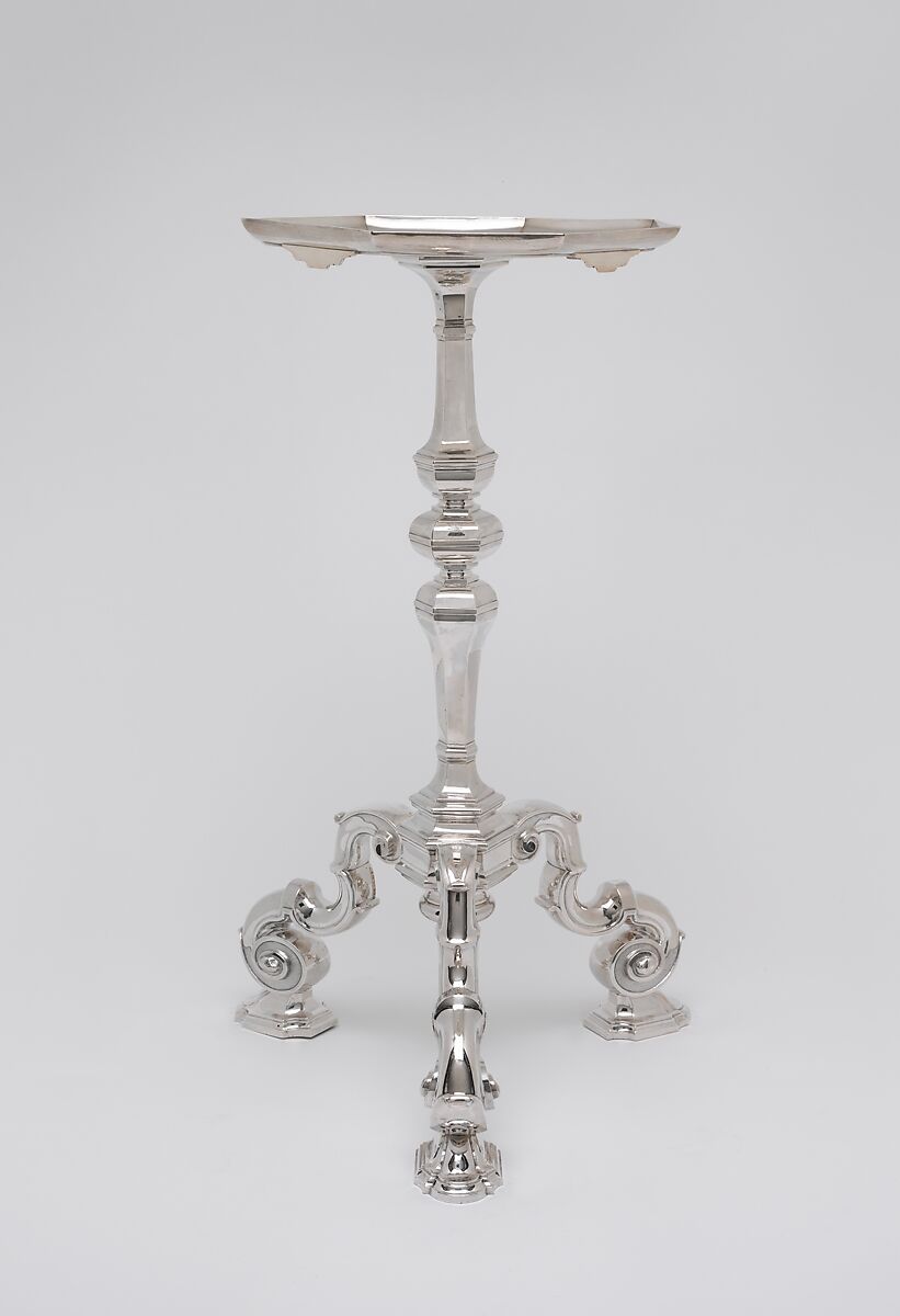 Teakettle, lamp, and table, Simon Pantin I (British, ca. 1672–1728), Silver, wood, British, London