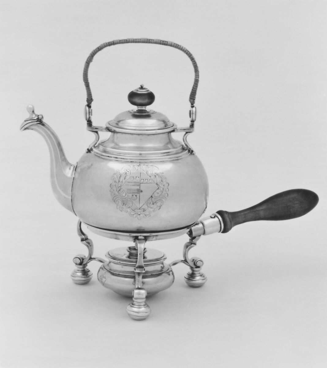 Teakettle and lamp stand, William Lukin I (British, active 1699– ca.1755), Silver, wood, British, London 