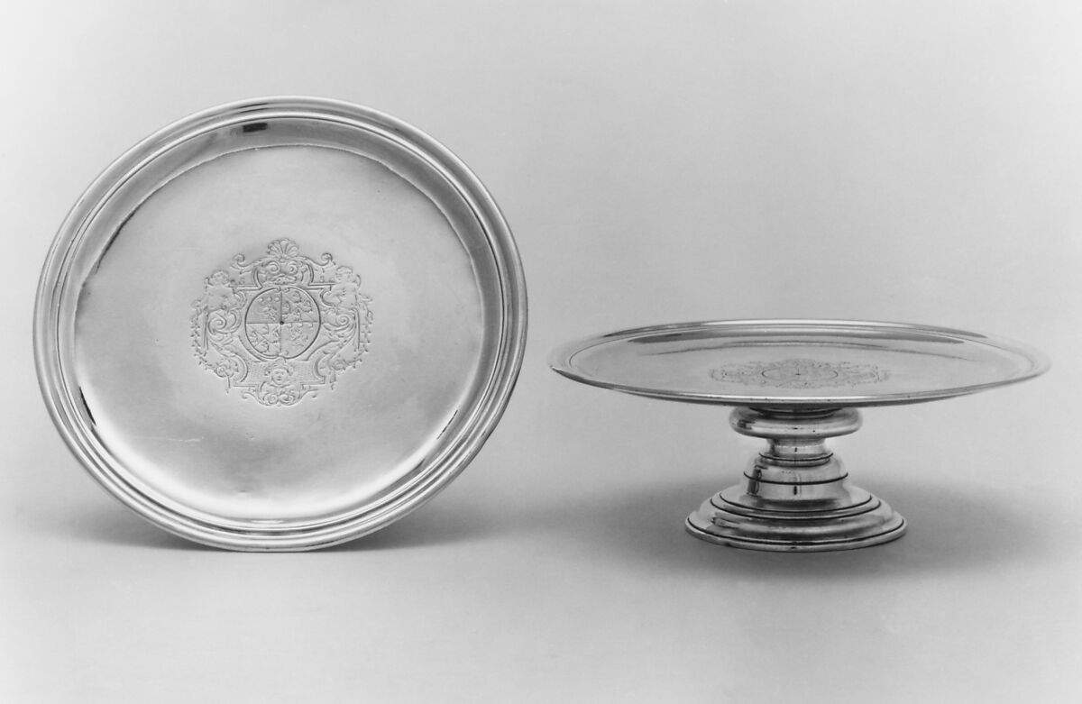 Pair of salvers on pedestal feet, Paul de Lamerie (British, 1688–1751, active 1712–51), Silver, British, London 