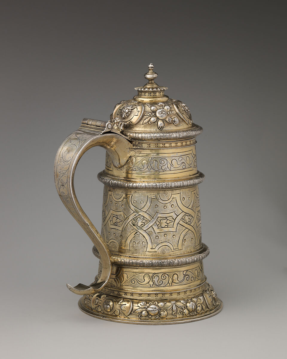 Tankard, John Harryson (British, active ca. 1570–86), Silver gilt, British, London 