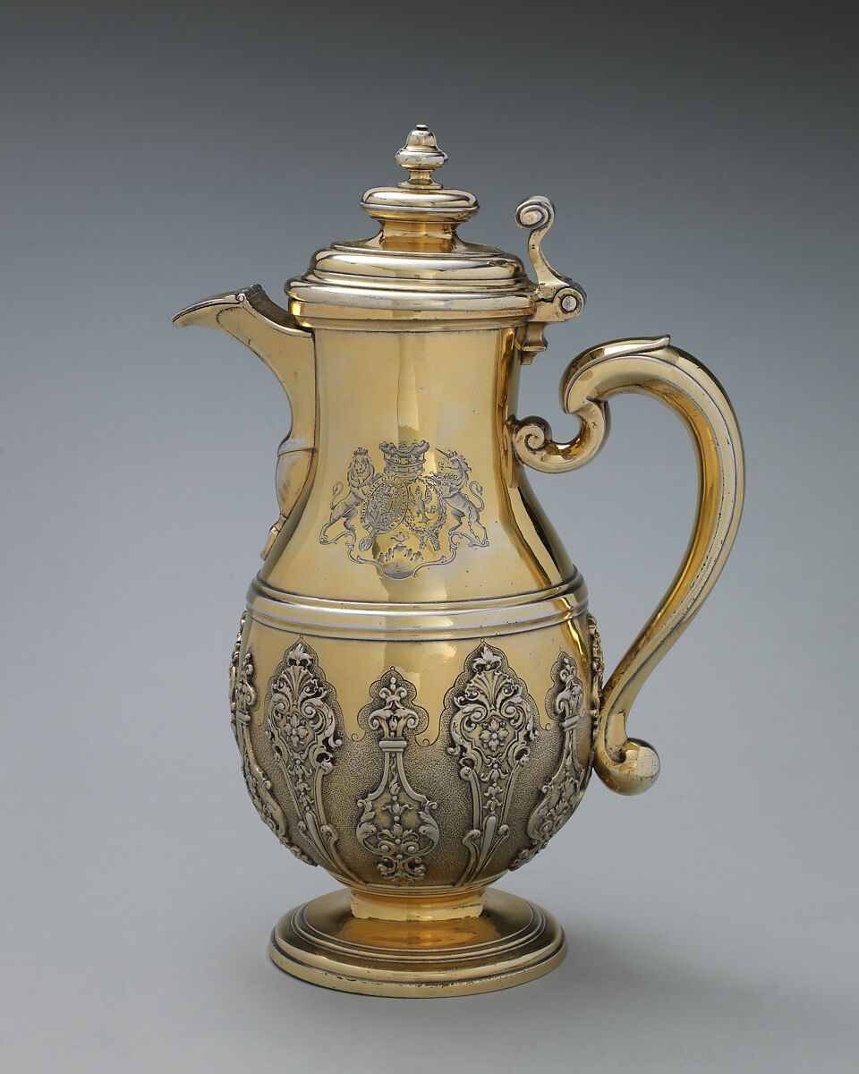 Jug with cover (one of a pair), Simon Pantin I (British, ca. 1672–1728), Silver gilt, British, London 