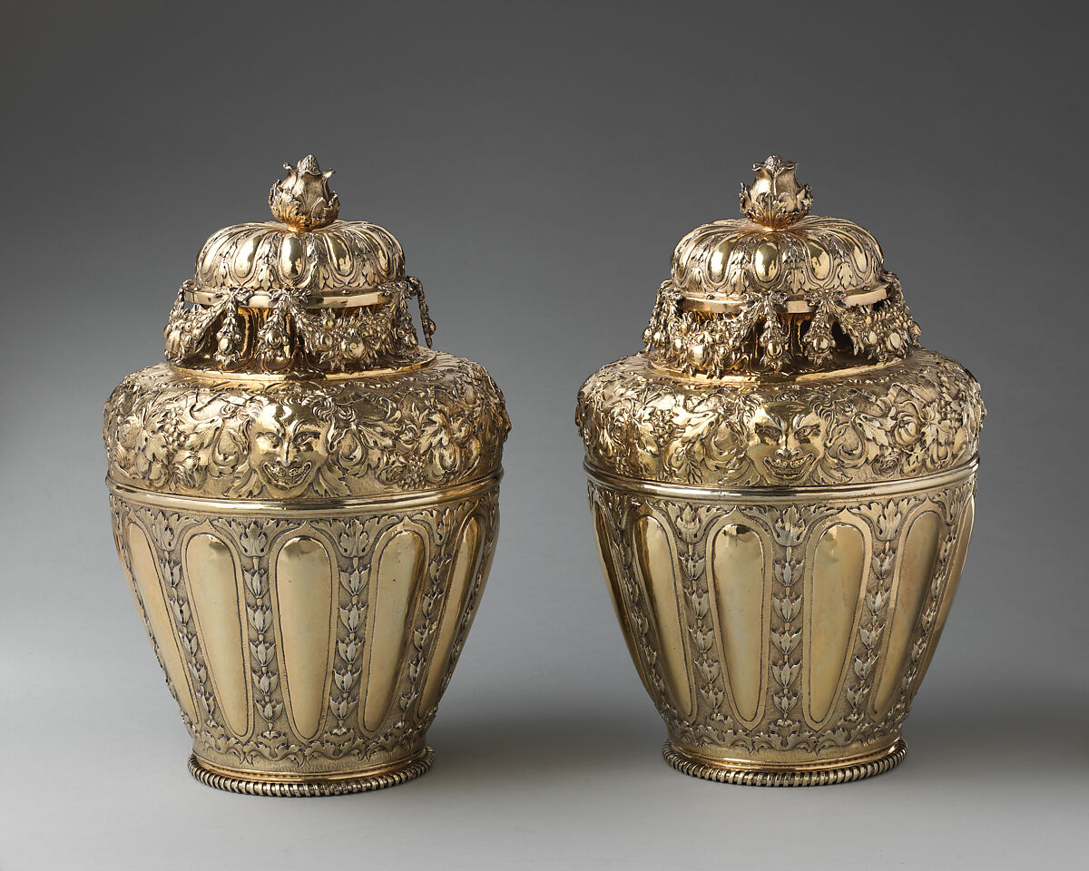 Vase with cover (one of a pair), I H (British, mid–late 17th century), Silver gilt, British, London