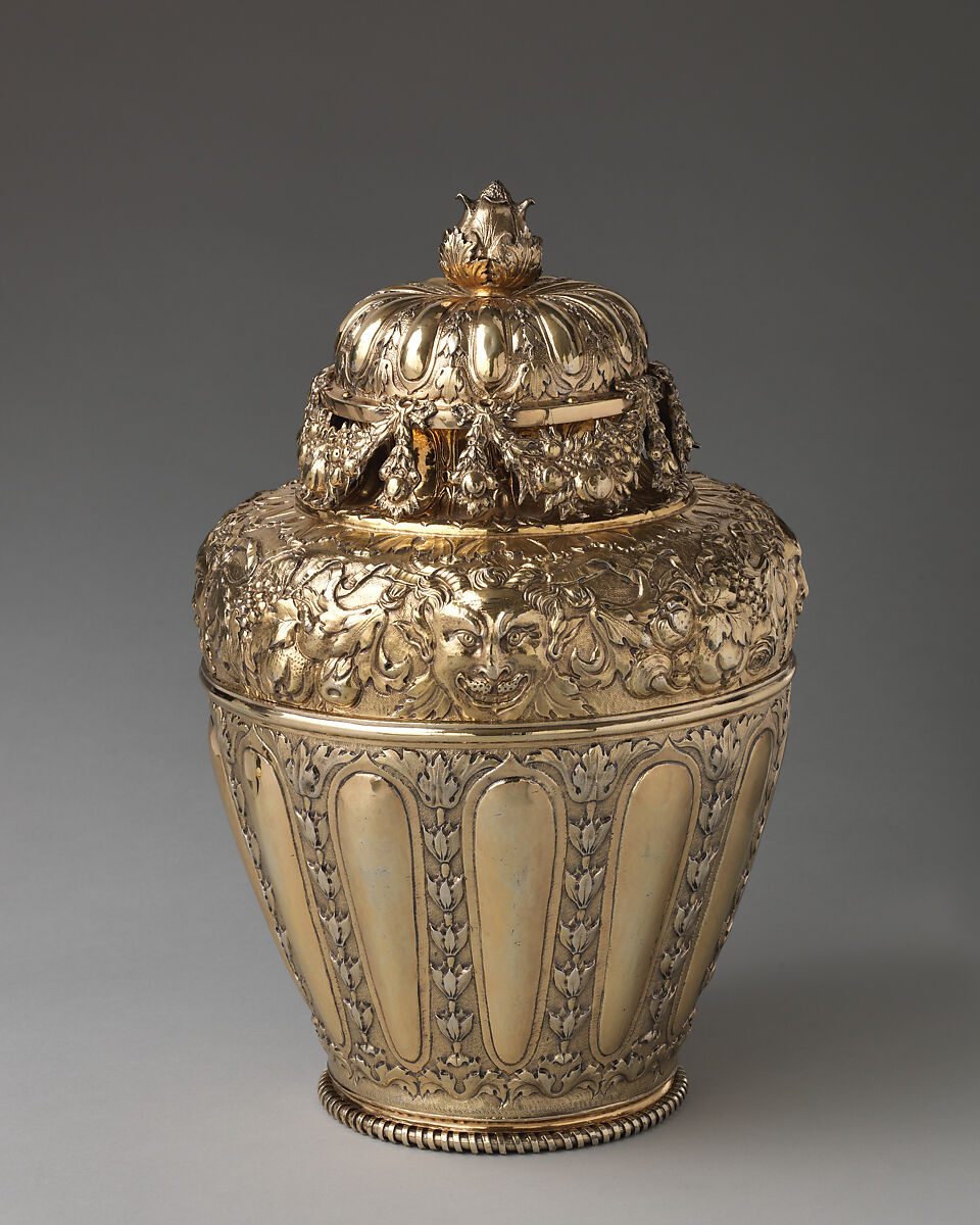 Vase with cover (one of a pair), I H (British, mid–late 17th century), Silver gilt, British, London 