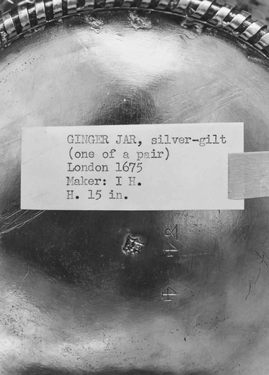 Vase with cover (one of a pair), I H (British, mid–late 17th century), Silver gilt, British, London