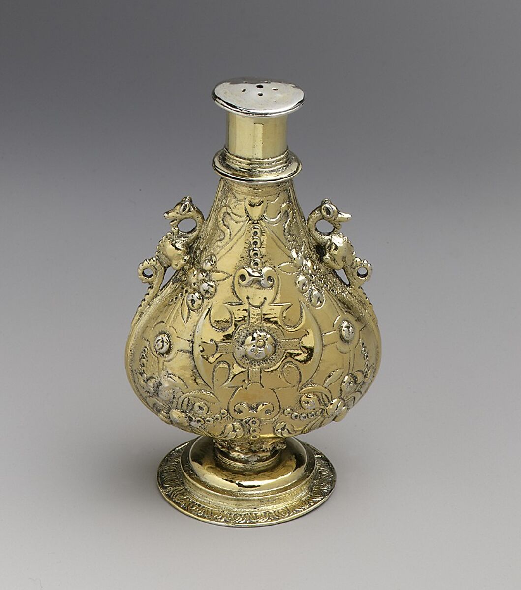 Perfume bottle, Possibly by Jasper Fysher (ca. 1568–1585), Silver gilt, British, London 