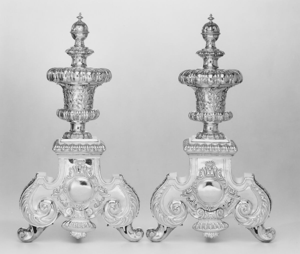 Pair of andirons, Benjamin Pyne (active 1693–1727), Silver, iron, British, London 