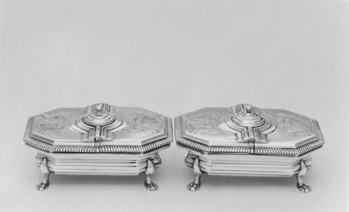 Pair of spice boxes, David Willaume I (British, 1658–1741), Silver, parcel gilt, British, London 