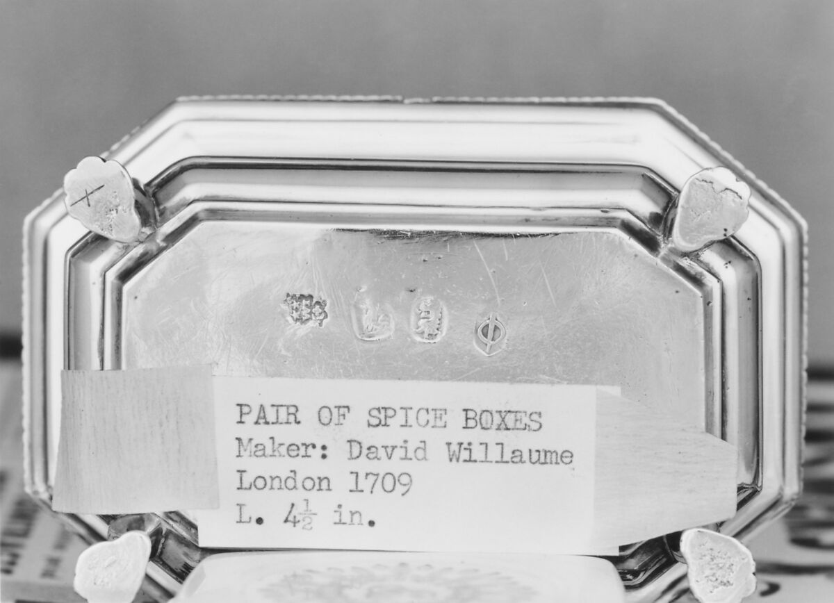 Pair of spice boxes, David Willaume I (British, 1658–1741), Silver, parcel gilt, British, London