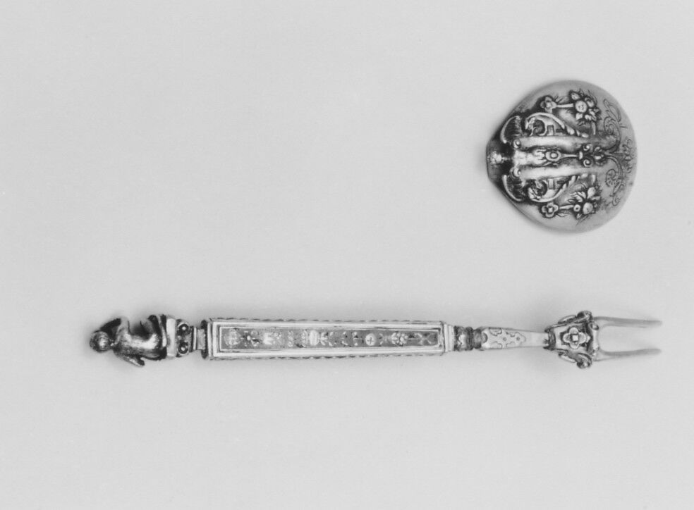 Spoon and fork combination, Silver-gilt, niello, possibly French 