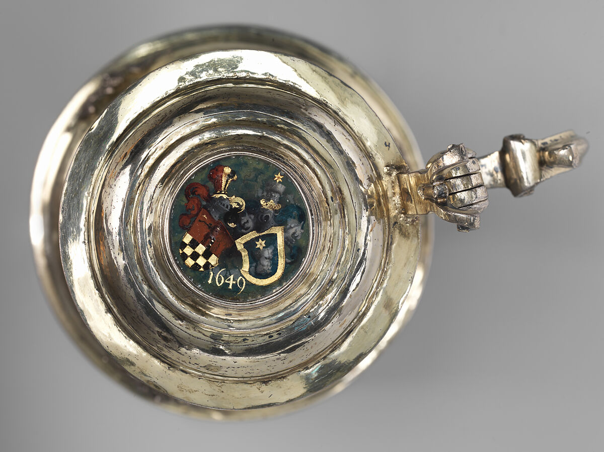 Tankard, Images based on printed designs by Dietrich Mayer (Swiss, 1572–1658), Gilded silver, reverse-painted glass (verre églomisé), Swiss, Zurich
