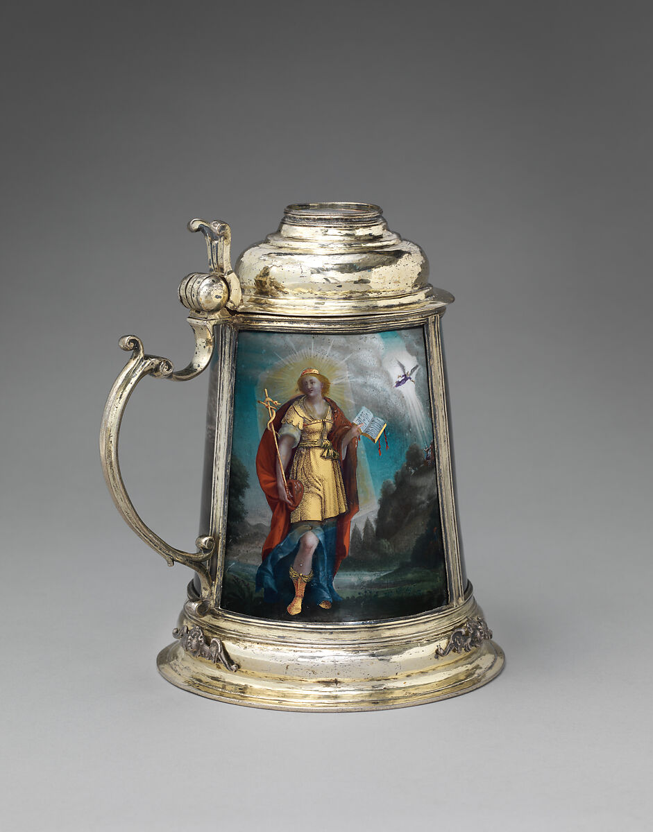 Tankard, Images based on printed designs by Dietrich Mayer (Swiss, 1572–1658), Gilded silver, reverse-painted glass (verre églomisé), Swiss, Zurich 