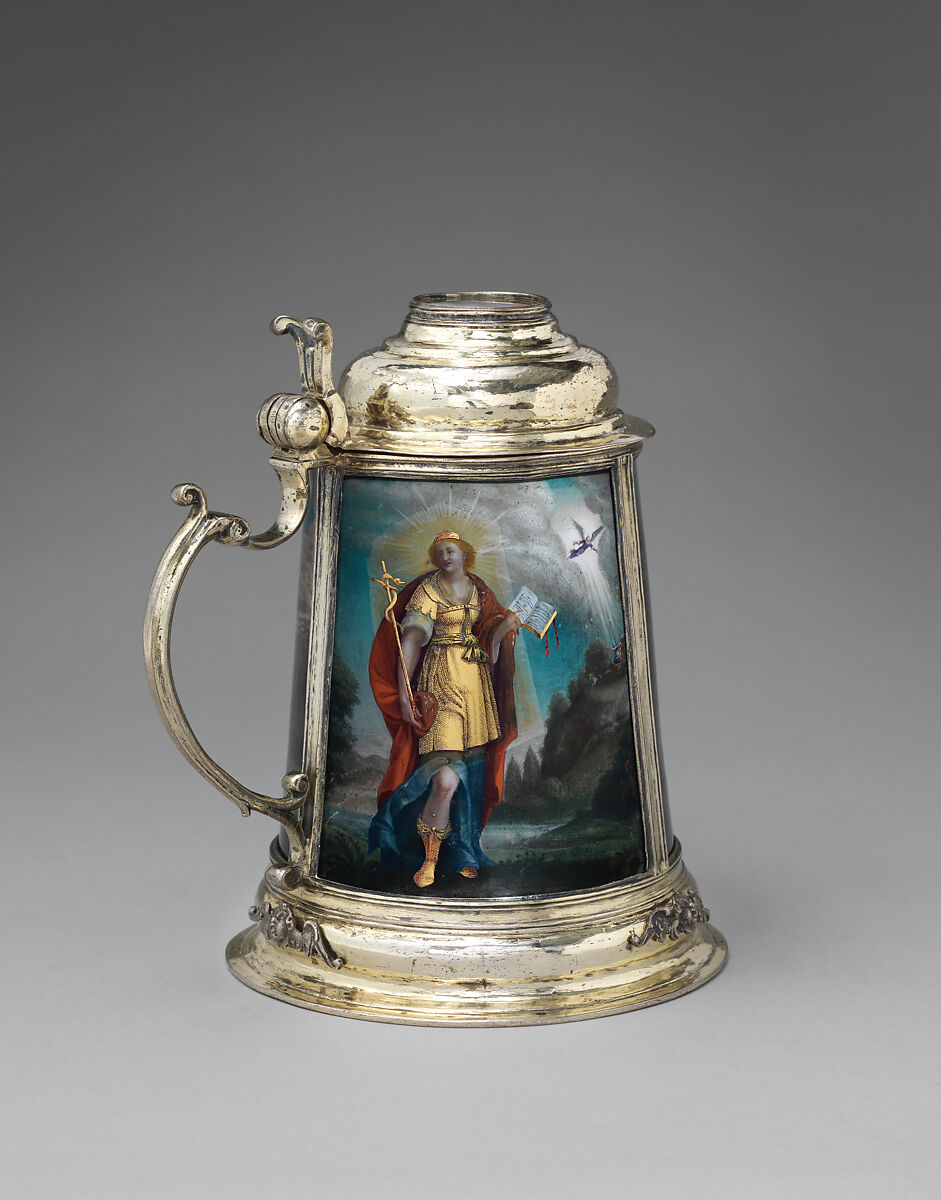 Tankard, Dietrich Mayer  Swiss, Gilded silver, reverse-painted glass (verre églomisé), Swiss, Zurich