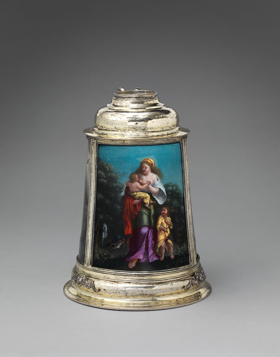 Tankard, Images based on printed designs by Dietrich Mayer (Swiss, 1572–1658), Gilded silver, reverse-painted glass (verre églomisé), Swiss, Zurich