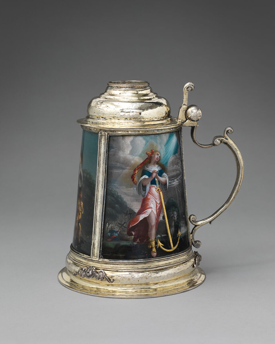 Tankard, Images based on printed designs by Dietrich Mayer (Swiss, 1572–1658), Gilded silver, reverse-painted glass (verre églomisé), Swiss, Zurich