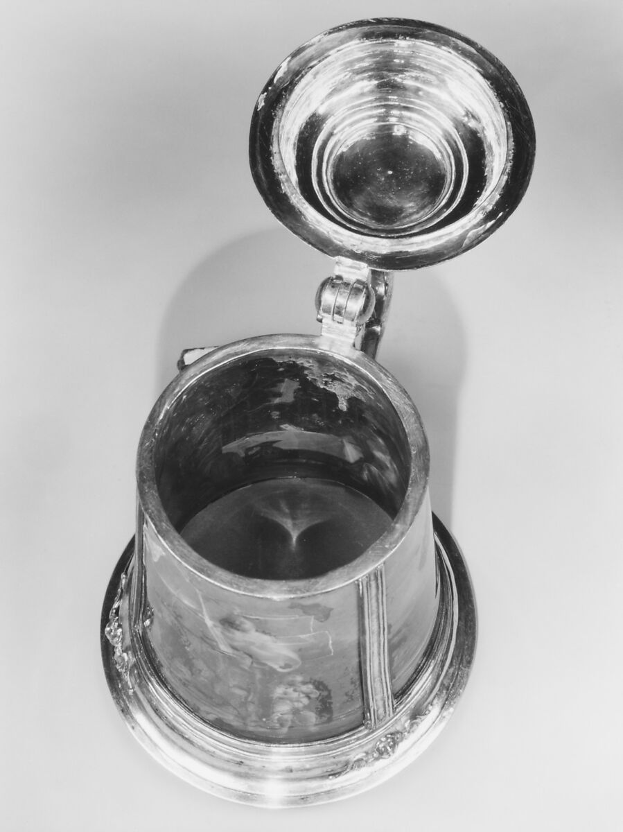 Tankard, Images based on printed designs by Dietrich Mayer (Swiss, 1572–1658), Gilded silver, reverse-painted glass (verre églomisé), Swiss, Zurich