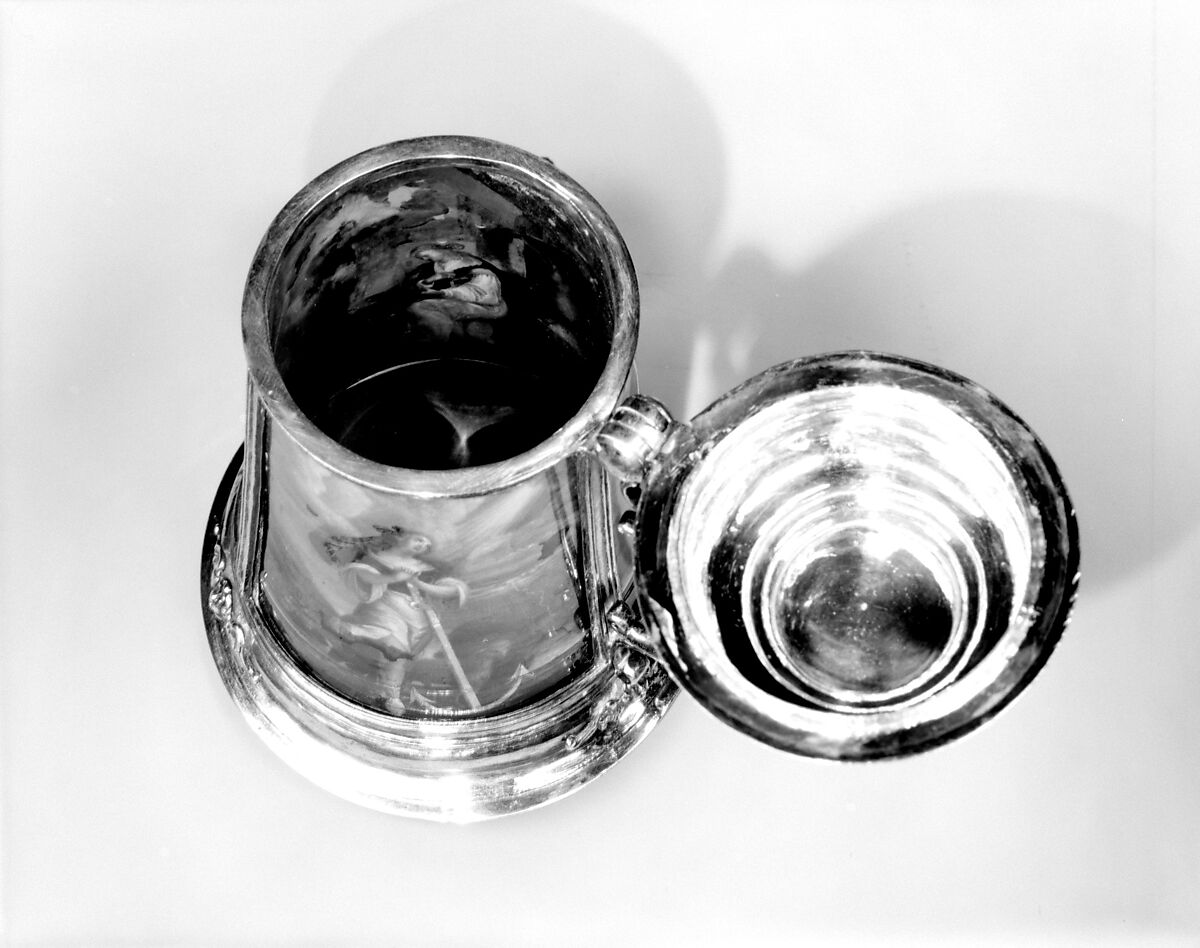 Tankard, Images based on printed designs by Dietrich Mayer (Swiss, 1572–1658), Gilded silver, reverse-painted glass (verre églomisé), Swiss, Zurich