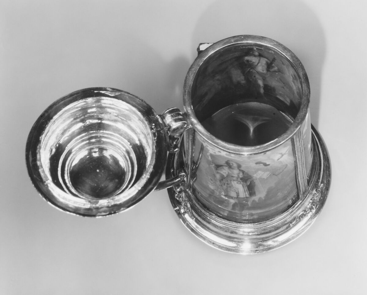 Tankard, Images based on printed designs by Dietrich Mayer (Swiss, 1572–1658), Gilded silver, reverse-painted glass (verre églomisé), Swiss, Zurich