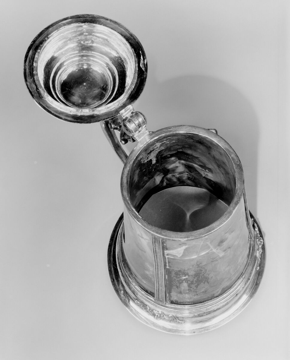 Tankard, Images based on printed designs by Dietrich Mayer (Swiss, 1572–1658), Gilded silver, reverse-painted glass (verre églomisé), Swiss, Zurich