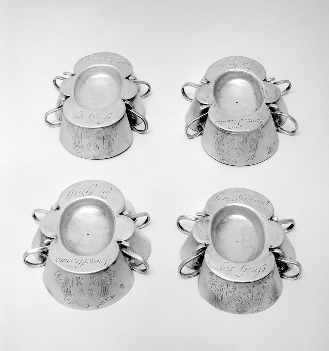 Set of six salts, Possibly by Christopher Shaw (active 1656–64), Silver, British, London 