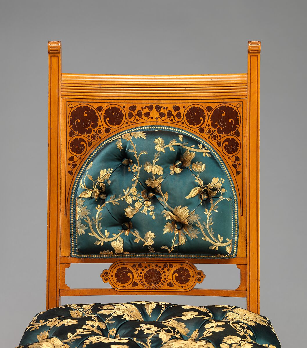 Side chair, George A. Schastey &amp; Co. (American, New York, 1873–1897), Satinwood, purpleheart, brass castors, reproduction upholstery, American