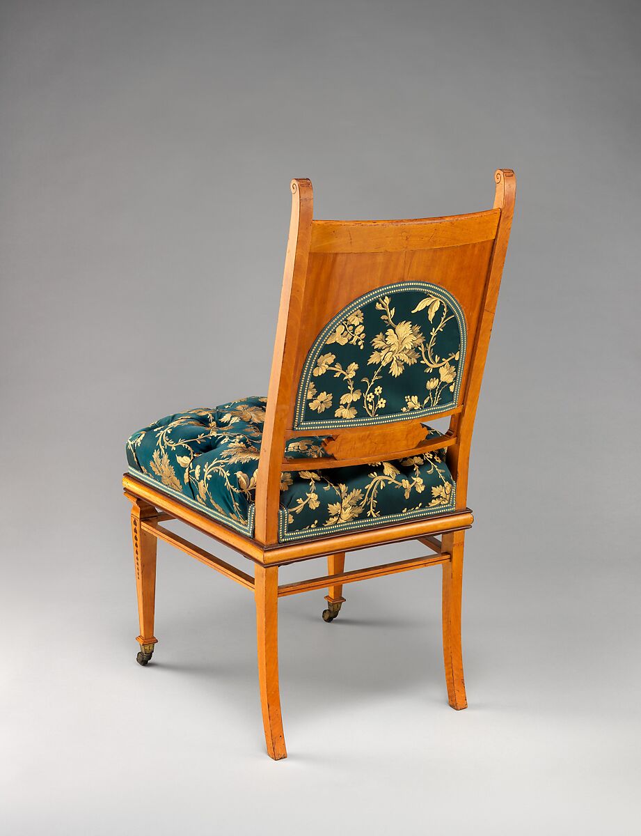 Side chair, George A. Schastey &amp; Co. (American, New York, 1873–1897), Satinwood, purpleheart, brass castors, reproduction upholstery, American