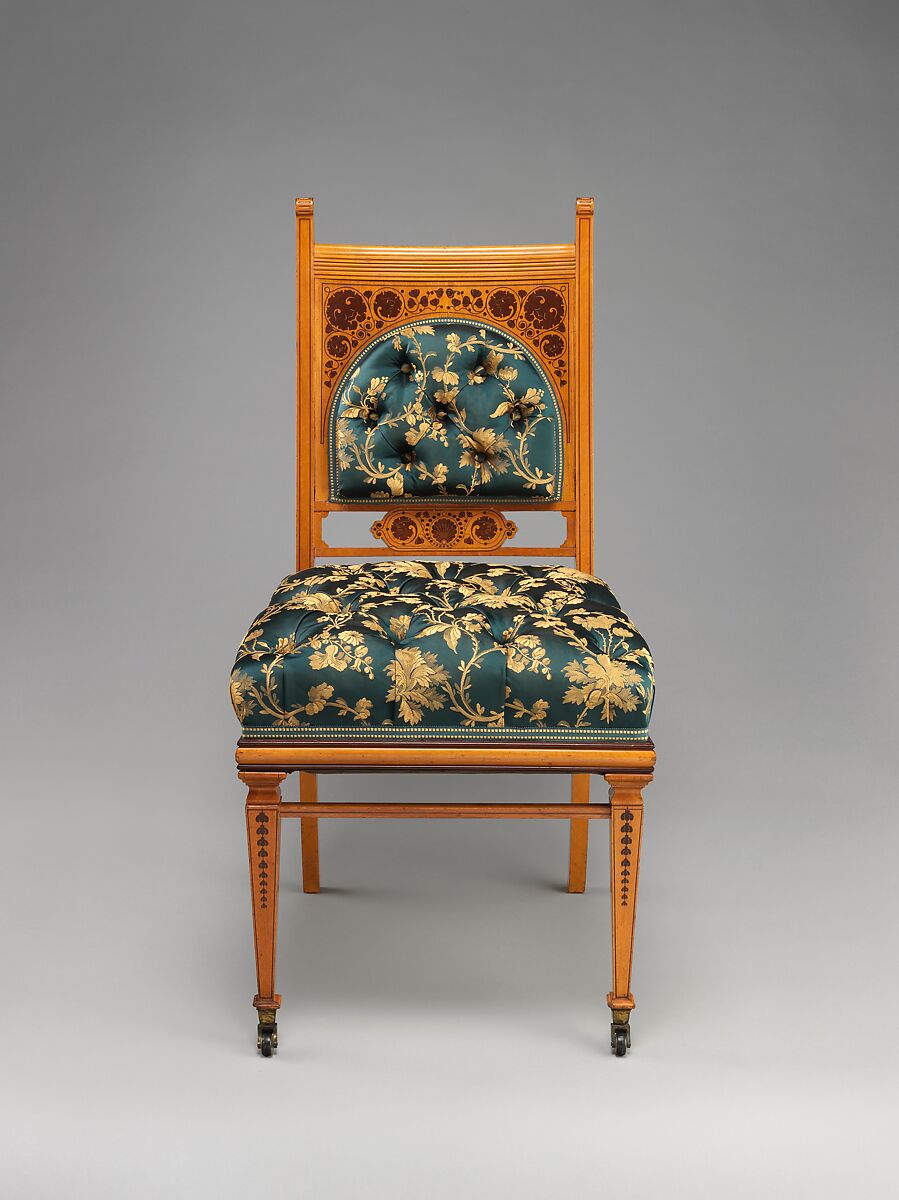 Side chair, George A. Schastey &amp; Co. (American, New York, 1873–1897), Satinwood, purpleheart, brass castors, reproduction upholstery, American 