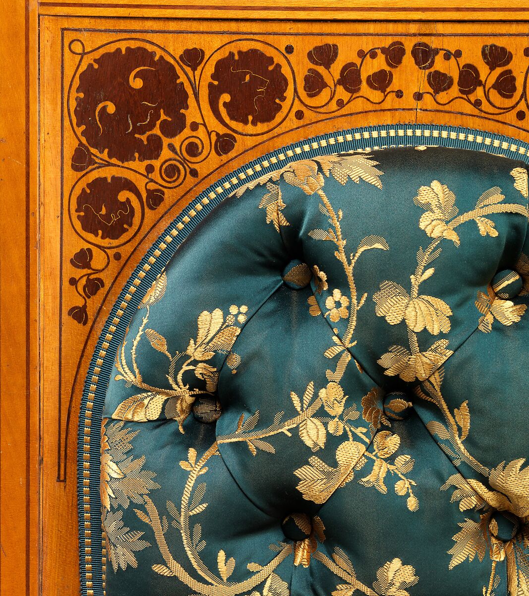 Side chair, George A. Schastey &amp; Co. (American, New York, 1873–1897), Satinwood, purpleheart, brass castors, reproduction upholstery, American