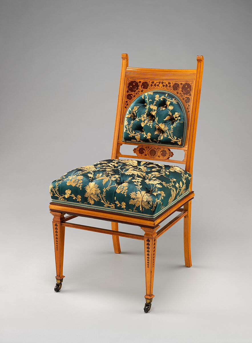 Side chair, George A. Schastey &amp; Co. (American, New York, 1873–1897), Satinwood, purpleheart, brass castors, reproduction upholstery, American