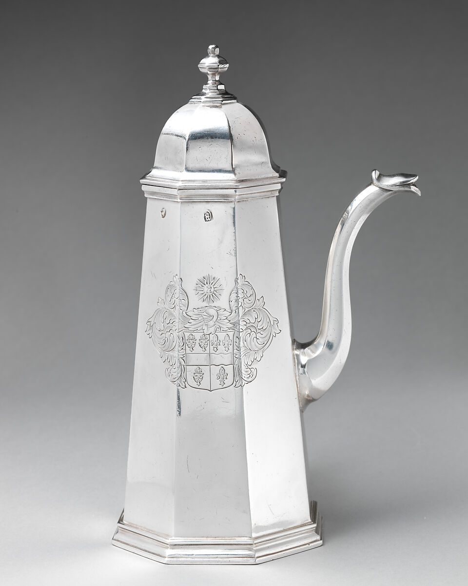 Coffeepot, Robert Timbrell (active ca. 1690–1716), Silver, wood, British, London