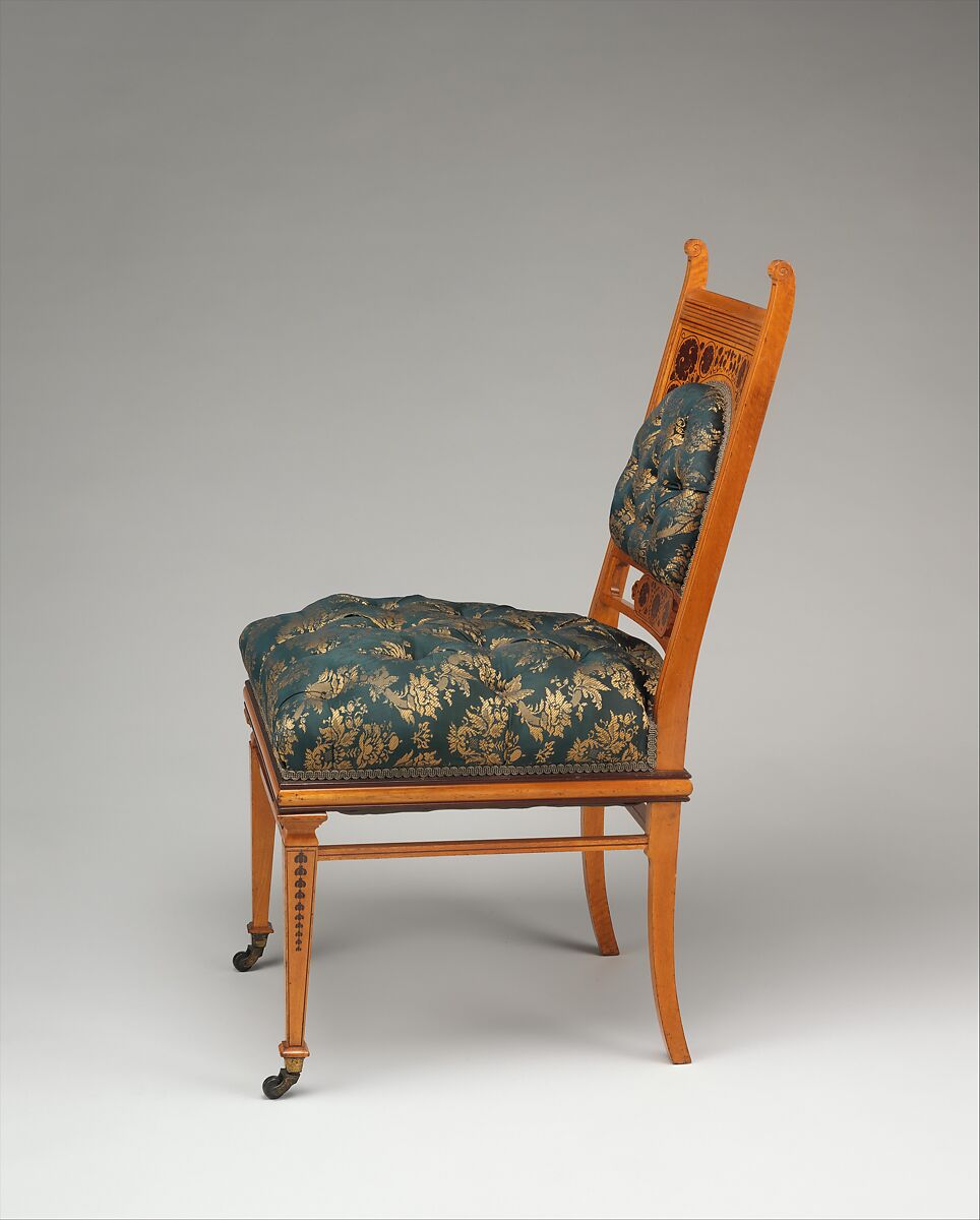 Side chair, George A. Schastey &amp; Co. (American, New York, 1873–1897), Satinwood, purpleheart, brass castors, and reproduction upholstery, American