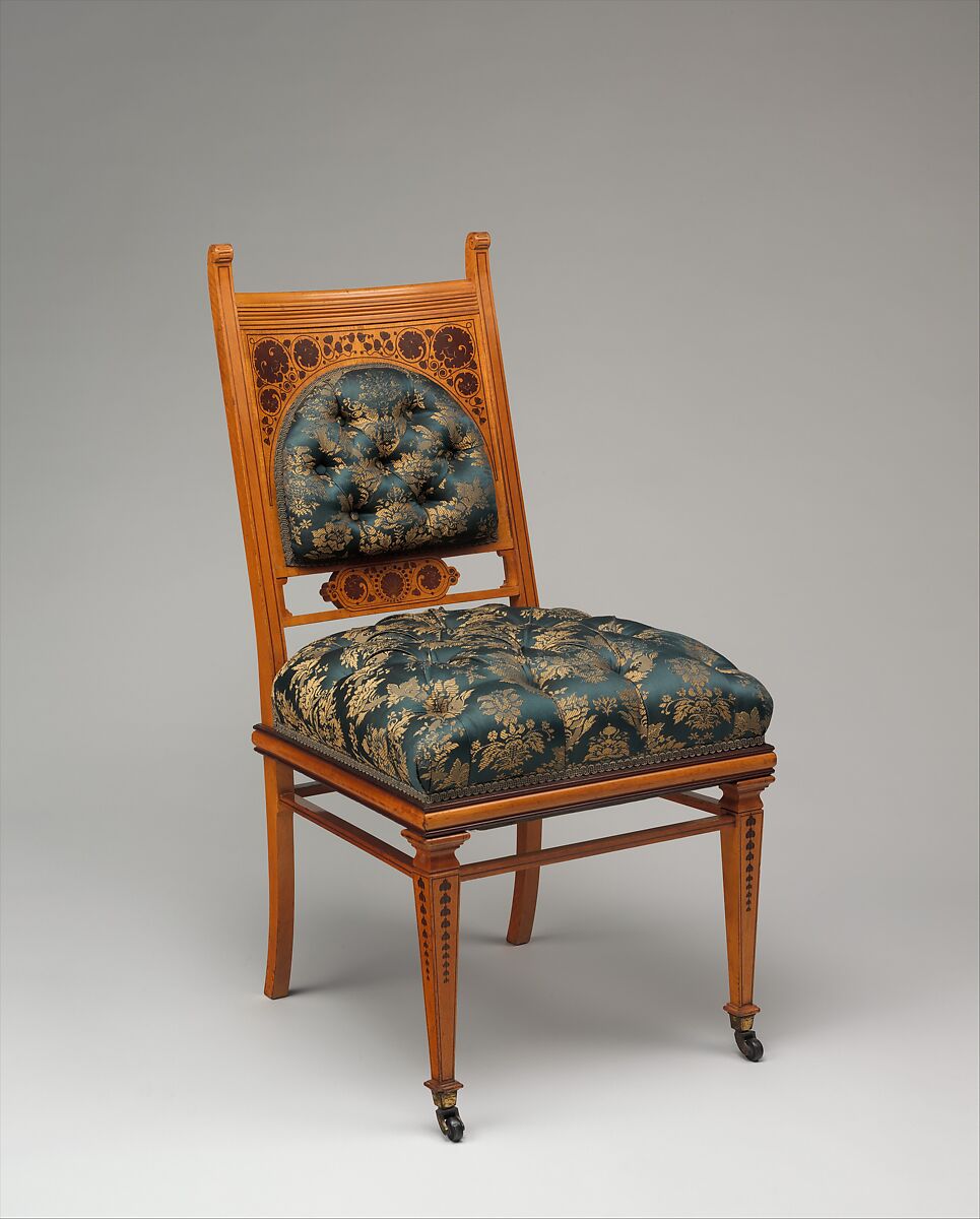 Side chair, George A. Schastey & Co.  American, Satinwood, purpleheart, brass castors, and reproduction upholstery, American