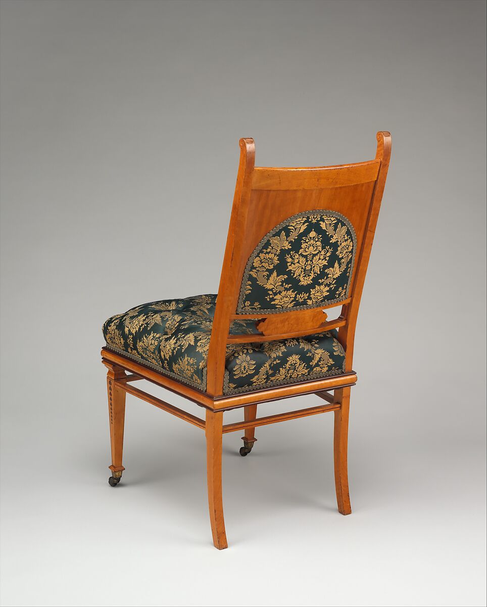 Side chair, George A. Schastey &amp; Co. (American, New York, 1873–1897), Satinwood, purpleheart, brass castors, and reproduction upholstery, American