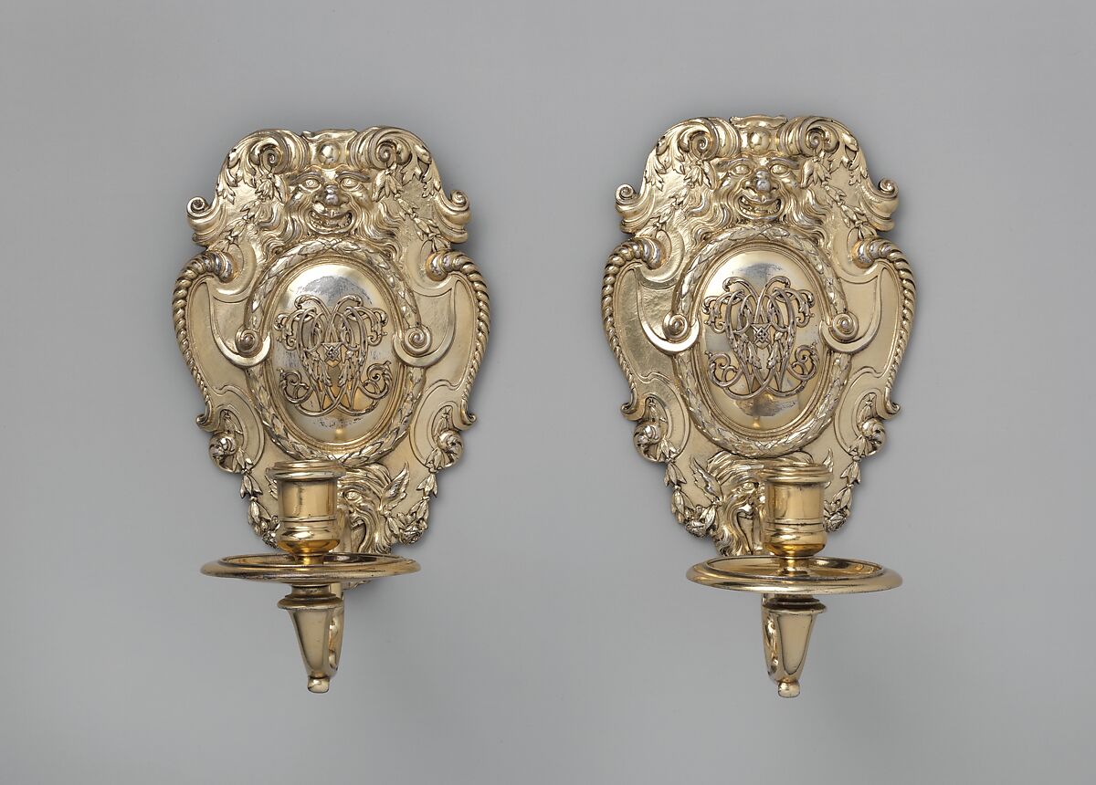 Pair of sconces, Isaac Liger (British, active 1704; died 1730), Silver gilt, British, London 