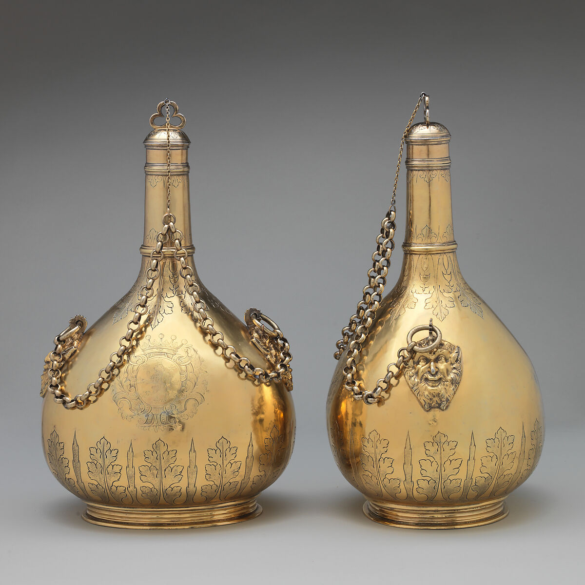 Pilgrim bottle (one of a pair), Silver gilt, British