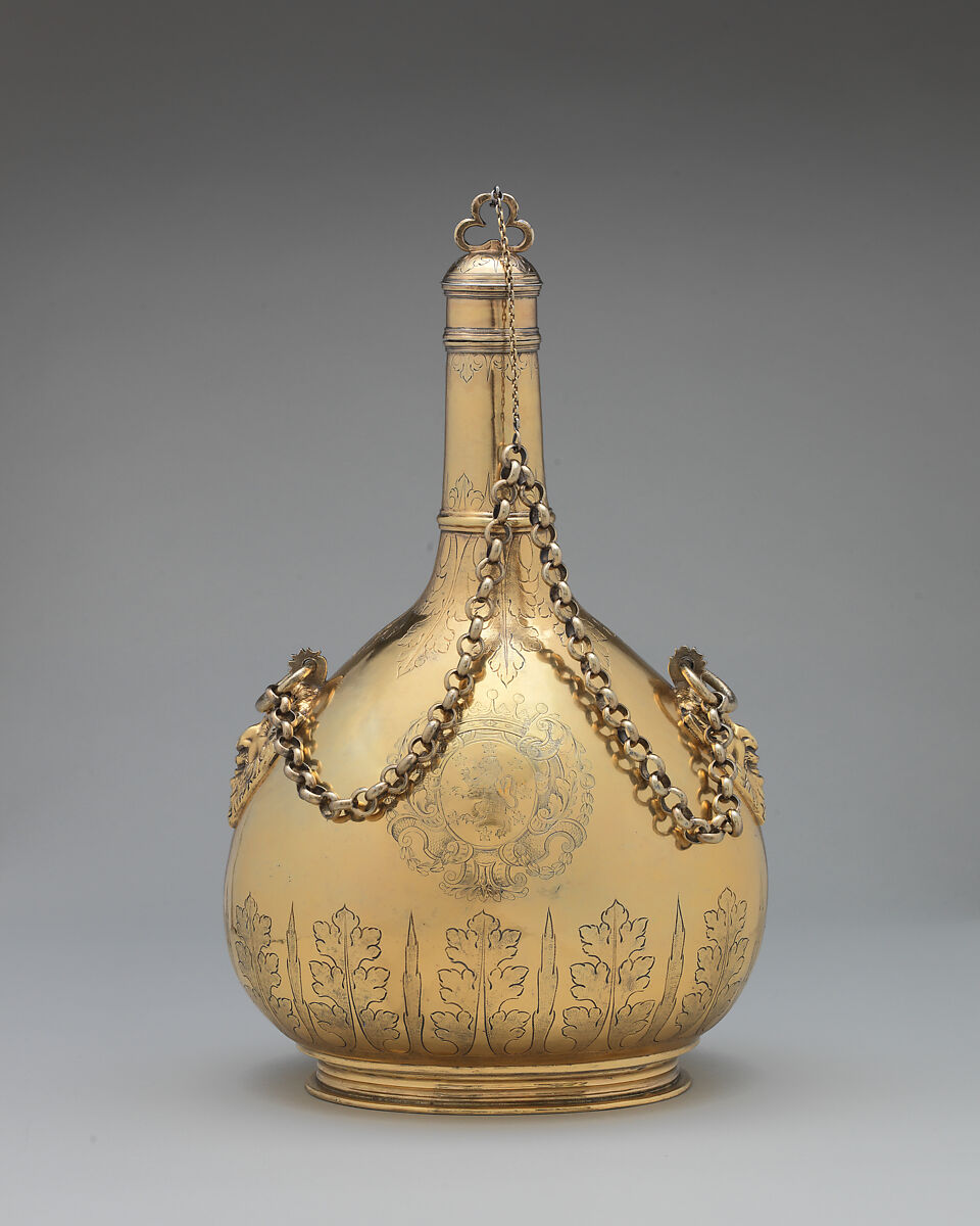 Pilgrim bottle (one of a pair), Silver gilt, British 