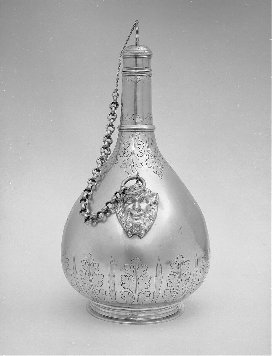 Pilgrim bottle (one of a pair), Silver gilt, British