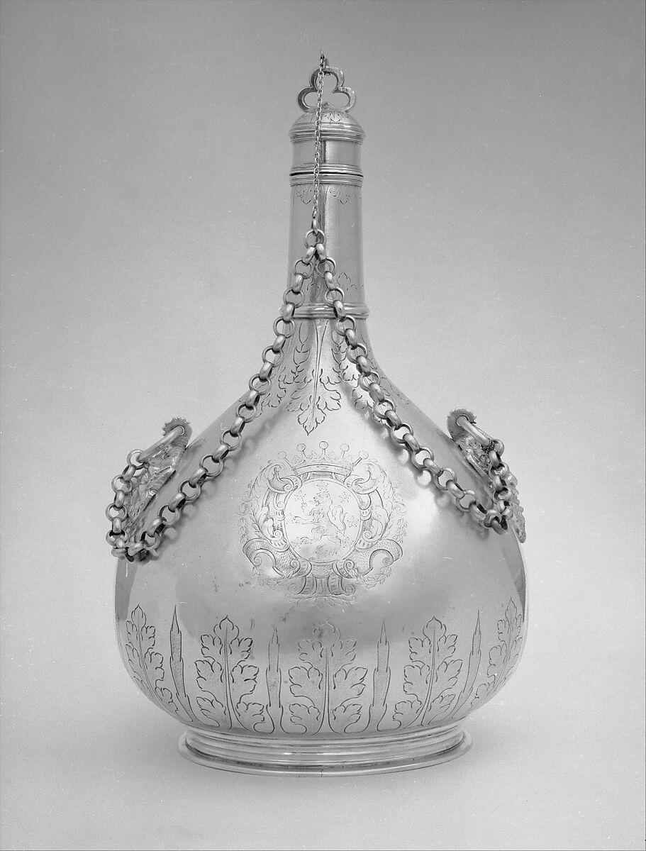 Pilgrim bottle (one of a pair), Silver gilt, British