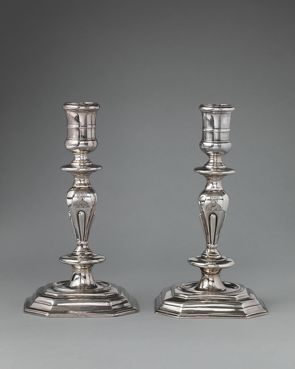 Pair of candlesticks, Thomas Merry I (active 1701–ca. 1724), Silver, British, London 