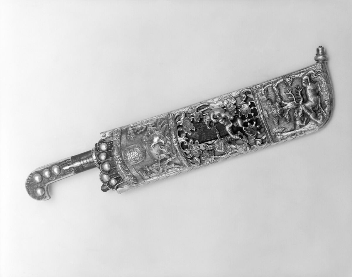 Set of hunting implements (Trousse), Jakob Watzky (German, active Dresden, 1641–79), Silver, steel, staghorn, wood, leather, German, Dresden