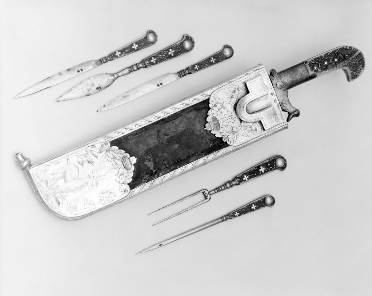 Set of hunting implements (Trousse), Jakob Watzky (German, active Dresden, 1641–79), Silver, steel, staghorn, wood, leather, German, Dresden 